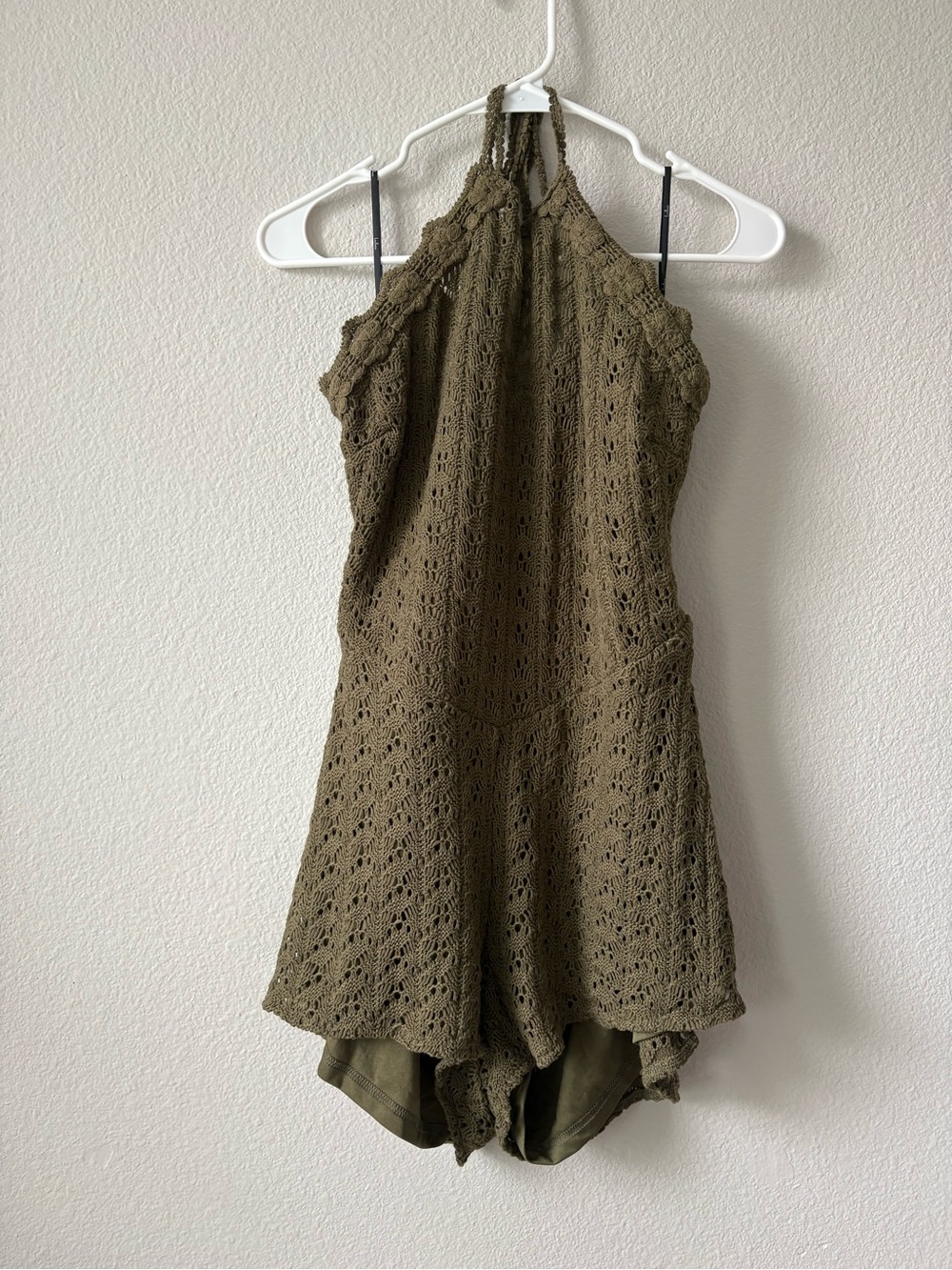 Lulu's Olive Green Crochet Halter Romper - Picture 3 of 5